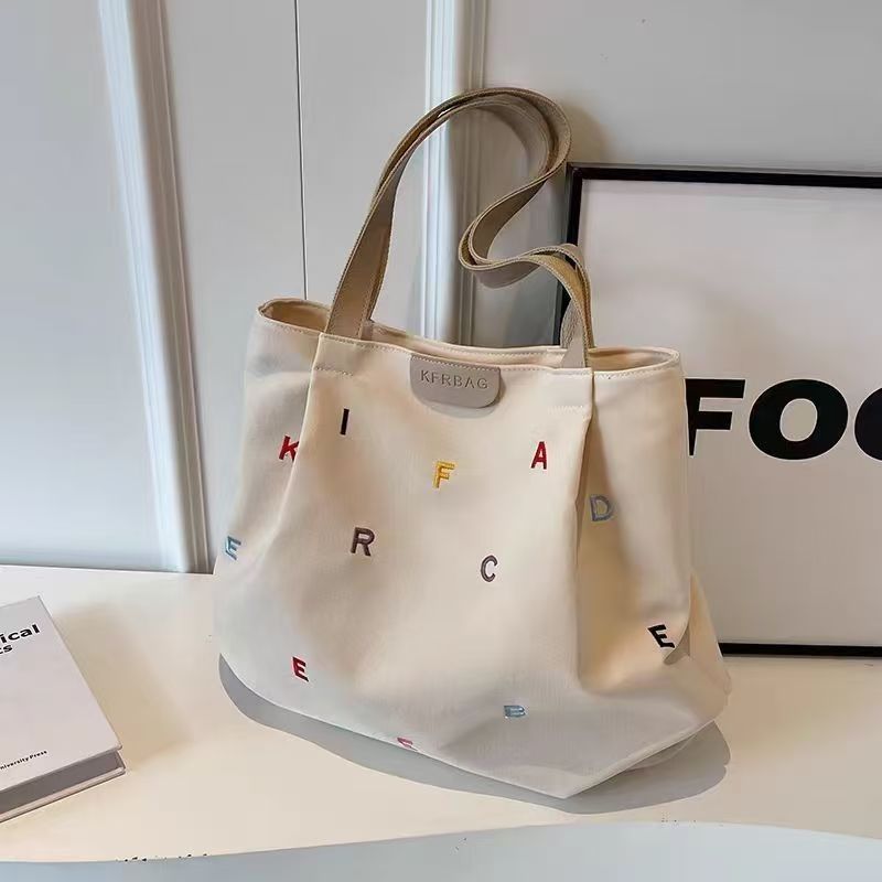 Large Capacity Canvas Tote Bag for Women 2025 New Trendy Embroidered Letter Handbag Casual Chic Student Shoulder Bag Lightweight Durable Everyday Carryall