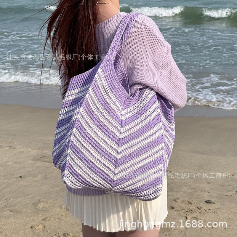 Women Summer Knit Handbag Vintage Style Casual Tote Bag for Beach Vacation Office Wear Lightweight Woven Crossbody Purse Fashionable All Occasion Accessory