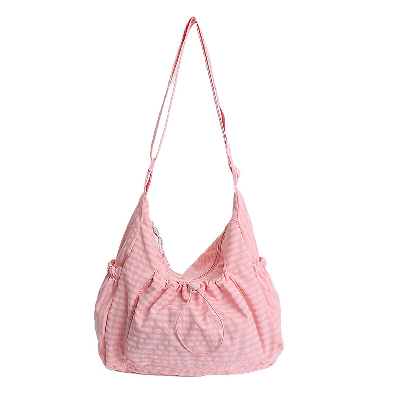 2025 New Korean Style Plaid Cloud Shaped Drawstring Pleated Backpack for Women Large Capacity Lightweight Casual Daypack Crossbody Shoulder Bag Fashionable Trendy Everyday Purse