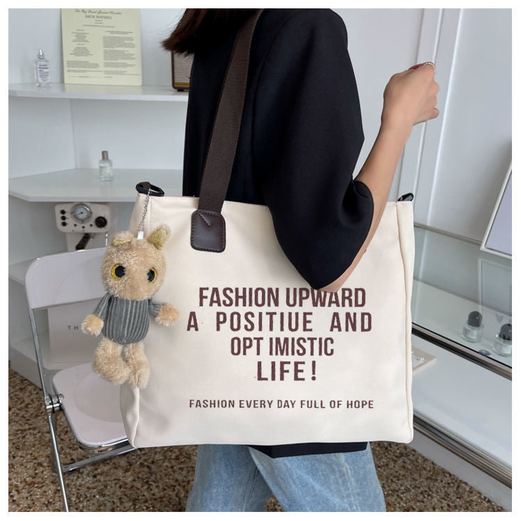 Large Capacity Casual Canvas Tote Bag for Women Stylish Minimalist Commuter Shoulder Bag Trendy Letter Print Fashionable Lightweight Durable Everyday Use Work School Shopping Bag