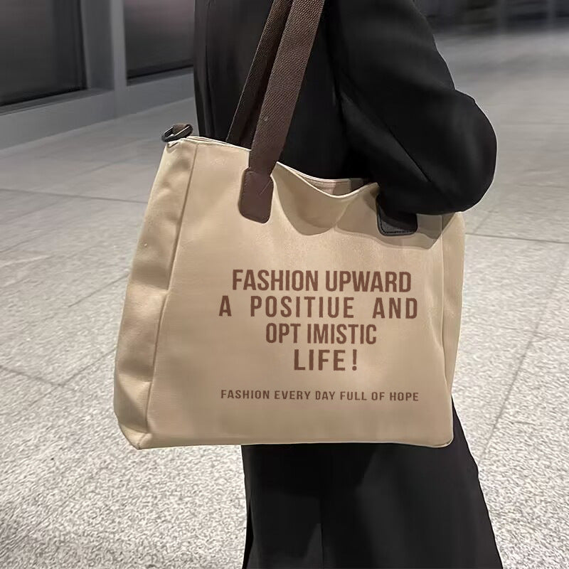 Large Capacity Casual Canvas Tote Bag for Women Stylish Minimalist Commuter Shoulder Bag Trendy Letter Print Fashionable Lightweight Durable Everyday Use Work School Shopping Bag