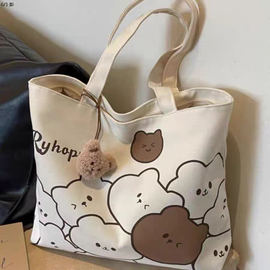 Small Bear Canvas Lunch Bag Portable Compact Insulated Bento Box Carrier for Office Commute School Travel Lightweight Handheld Tote Bag with Multiple Compartments for Men Women Students