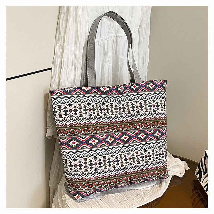 Large Capacity Cotton Canvas Tote Bag for Women with Ethnic Print Stylish Handheld Crossbody Shoulder Shopping Bag Eco Friendly Daily Use Work School Grocery Carrier