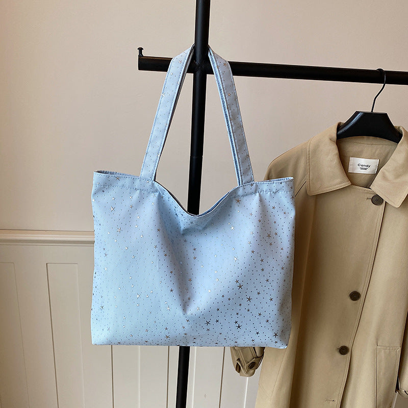 Stylish Korean Inspired Star Printed Canvas Tote Bag for Women Large Capacity Everyday Commuter Bag Casual Lazy Chic Shoulder Handbag Versatile Work School Shopping Bag