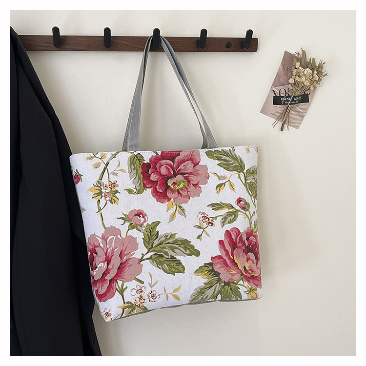 Large Capacity Cotton Canvas Tote Bag for Women with Ethnic Print Stylish Handheld Crossbody Shoulder Shopping Bag Eco Friendly Daily Use Work School Grocery Carrier
