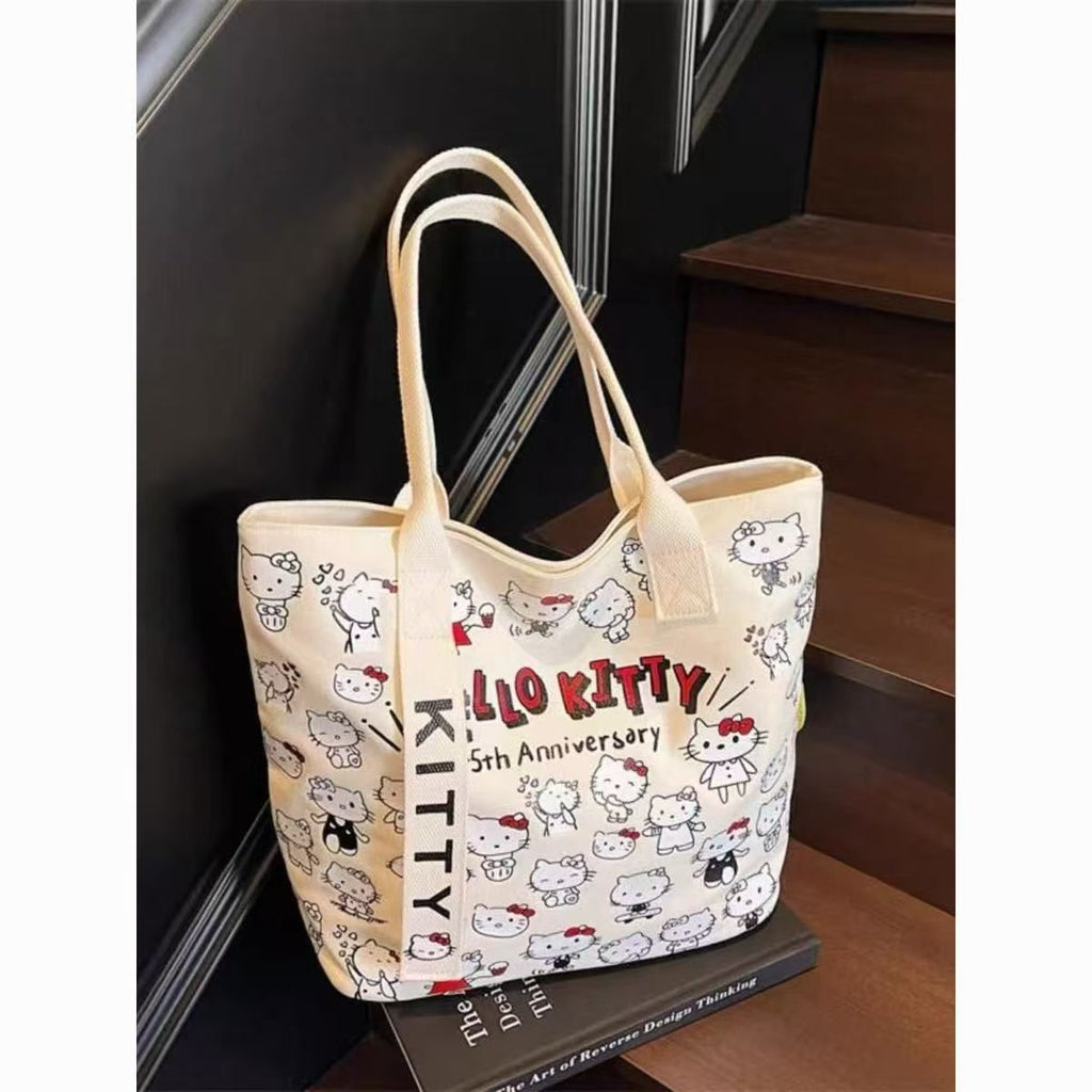 Korean Style Cute Hello Kitty Canvas Tote Bag for Women Fashionable Cartoon Printed Shoulder Bag Casual Office Commuting Crossbody Bag Lightweight Durable Everyday Use