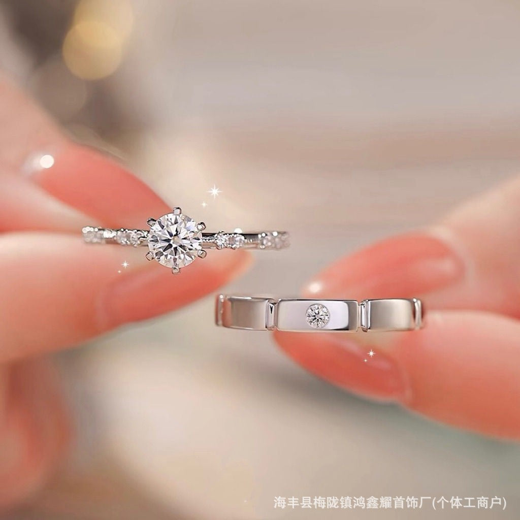 Trendy Sterling Silver Moissanite Ring for Women 1 Carat Lab Created Diamond Look Elegant Adjustable Open Band Stackable Fashion Jewelry Gift for Her Perfect Matching Couple Rings Wholesale