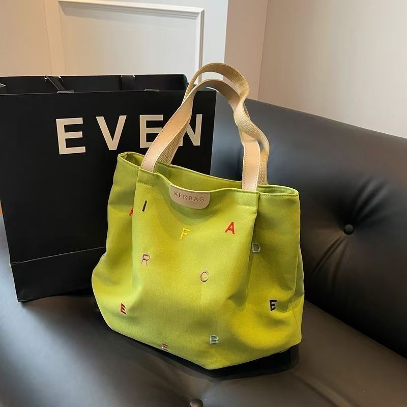 Large Capacity Canvas Tote Bag for Women 2025 New Trendy Embroidered Letter Handbag Casual Chic Student Shoulder Bag Lightweight Durable Everyday Carryall