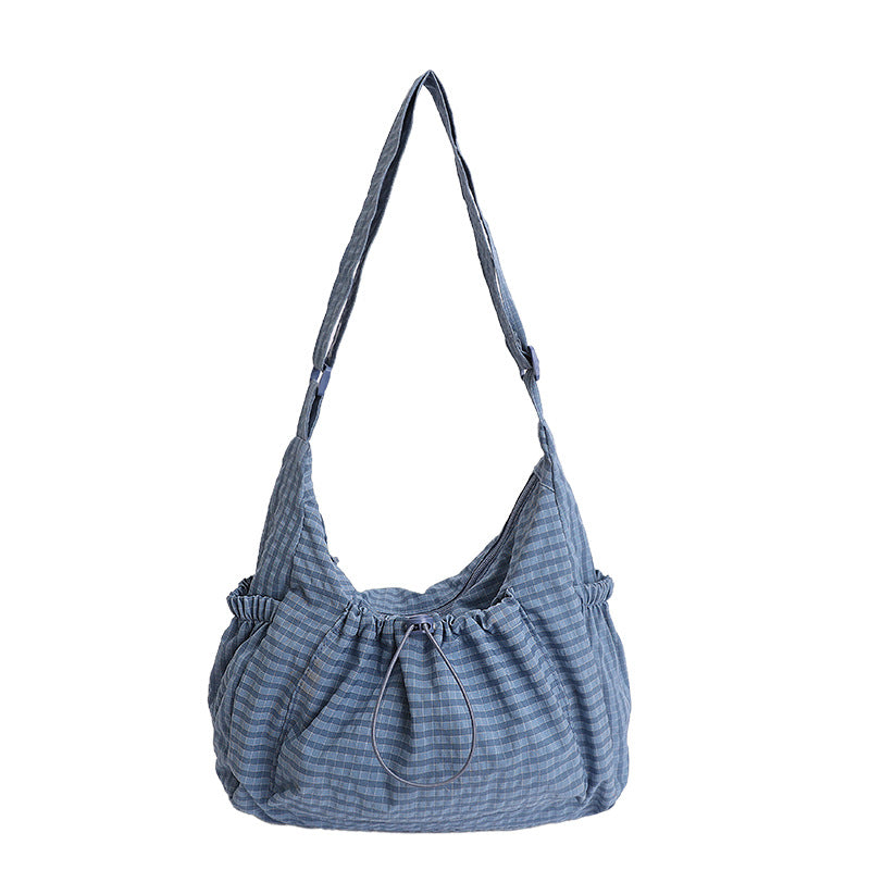 2025 New Korean Style Plaid Cloud Shaped Drawstring Pleated Backpack for Women Large Capacity Lightweight Casual Daypack Crossbody Shoulder Bag Fashionable Trendy Everyday Purse