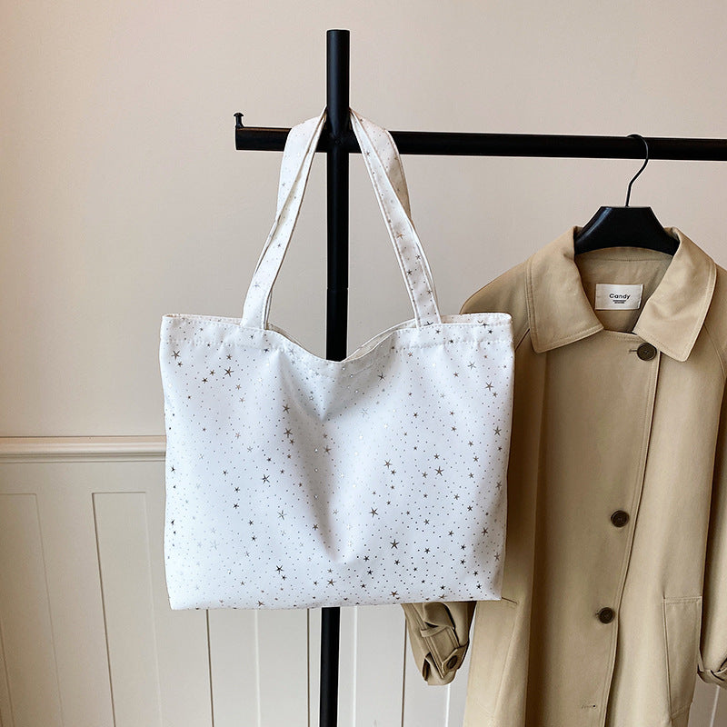Stylish Korean Inspired Star Printed Canvas Tote Bag for Women Large Capacity Everyday Commuter Bag Casual Lazy Chic Shoulder Handbag Versatile Work School Shopping Bag