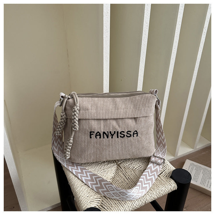 Women Casual Crossbody Bag 2026 New Letter Print Single Shoulder Bag for Daily Commuting Lightweight Wide Adjustable Strap Corduroy Material Stylish Minimalist Design Trendy Fashion Accessory