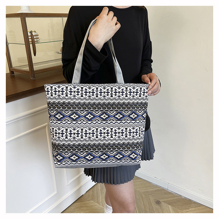 Large Capacity Cotton Canvas Tote Bag for Women with Ethnic Print Stylish Handheld Crossbody Shoulder Shopping Bag Eco Friendly Daily Use Work School Grocery Carrier