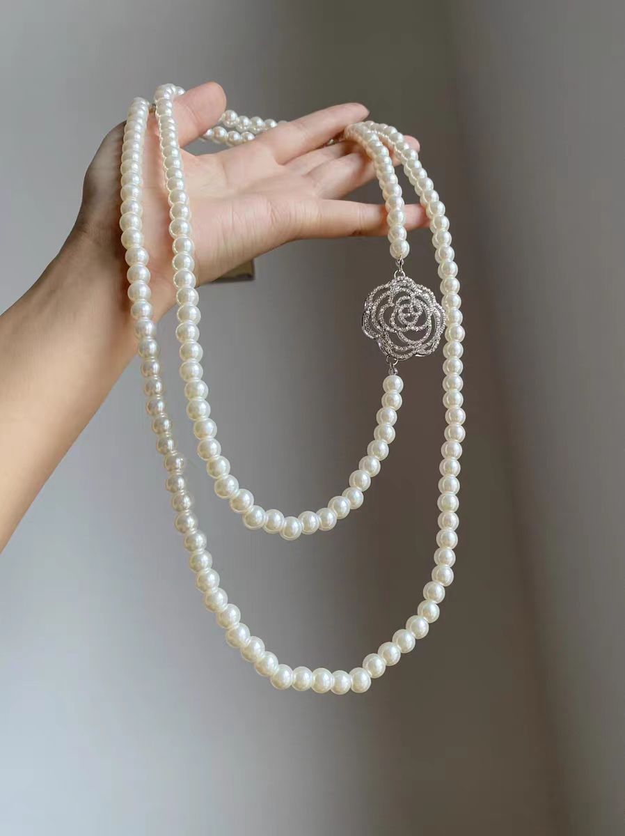 Tea Flower Pearl Layering Necklace for Women 2026 New Fashion Long Sweater Chain Elegant Minimalist Jewelry Trendy Dainty Neck Chain Gift for Her
