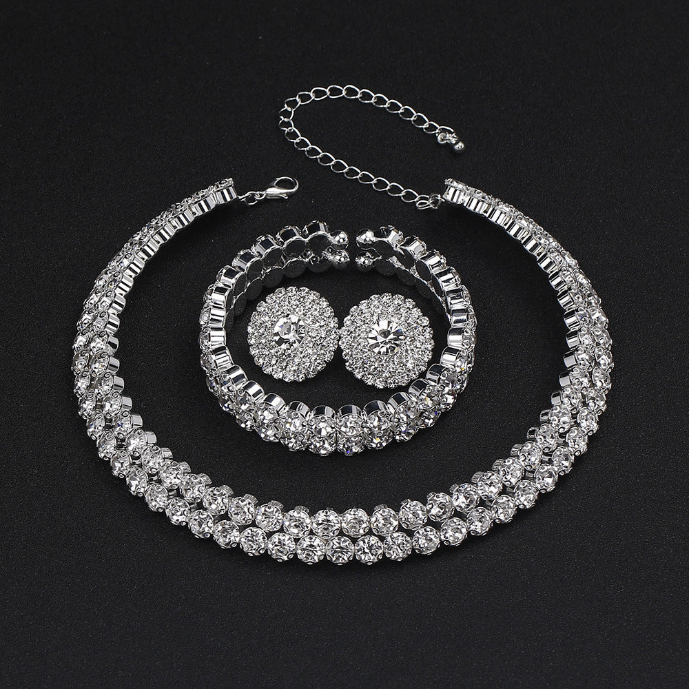 Cross-border hot Bridal Necklace Earrings Set European and American fashion high-end versatile collarbone chain with simple rhinestone accessories