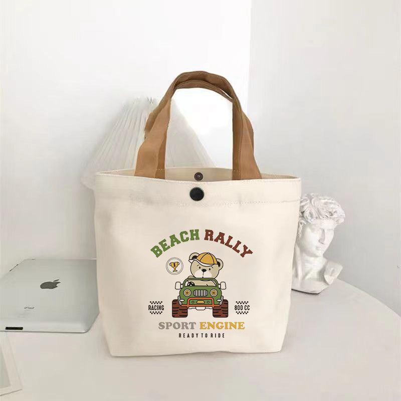 New Cute Bear Printed Canvas Tote Bag for Women Girls Lightweight Durable Lunch Bag Stylish Handbag for Students Office Workers School College Daily Use Minimalist Design Multi Purpose Carry All