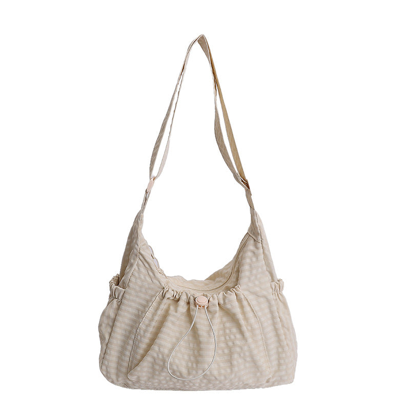 2025 New Korean Style Plaid Cloud Shaped Drawstring Pleated Backpack for Women Large Capacity Lightweight Casual Daypack Crossbody Shoulder Bag Fashionable Trendy Everyday Purse
