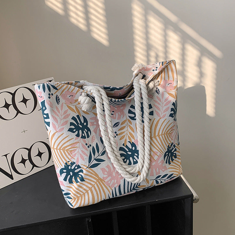 Large Capacity Casual Canvas Crossbody Bag for Women Stylish Korean Inspired Shoulder Tote with Thick Rope Strap Perfect for Beach Travel Daily Use Trendy Printed Design