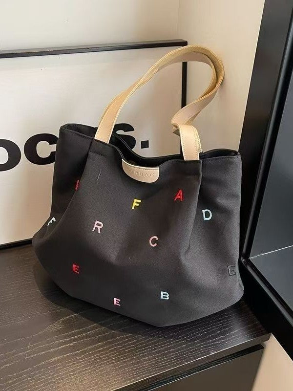 Large Capacity Canvas Tote Bag for Women 2025 New Trendy Embroidered Letter Handbag Casual Chic Student Shoulder Bag Lightweight Durable Everyday Carryall