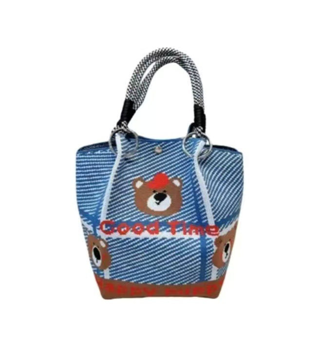 Minimalist Black and White Diamond Stitch Knit Tote Bag Stylish Handheld Crossbody Bag for Women Large Capacity Casual Everyday Use Designer Inspired Fashion Bag Direct from Manufacturer
