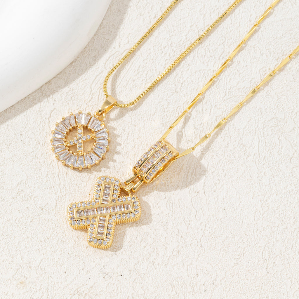 Trendy Cross Border 26 Letter Alphabet Pendant Necklace for Women Gold Plated Copper with Cubic Zirconia Ice Sugar Crystal Design Round Flower Charm Jewelry Set