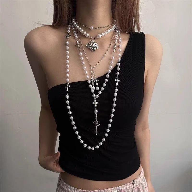 Trendy Cross Pendant Necklace for Women Layered Pearl Beaded Choker Minimalist Elegant Locket Chain Fashion Jewelry Gift for Girls Teens