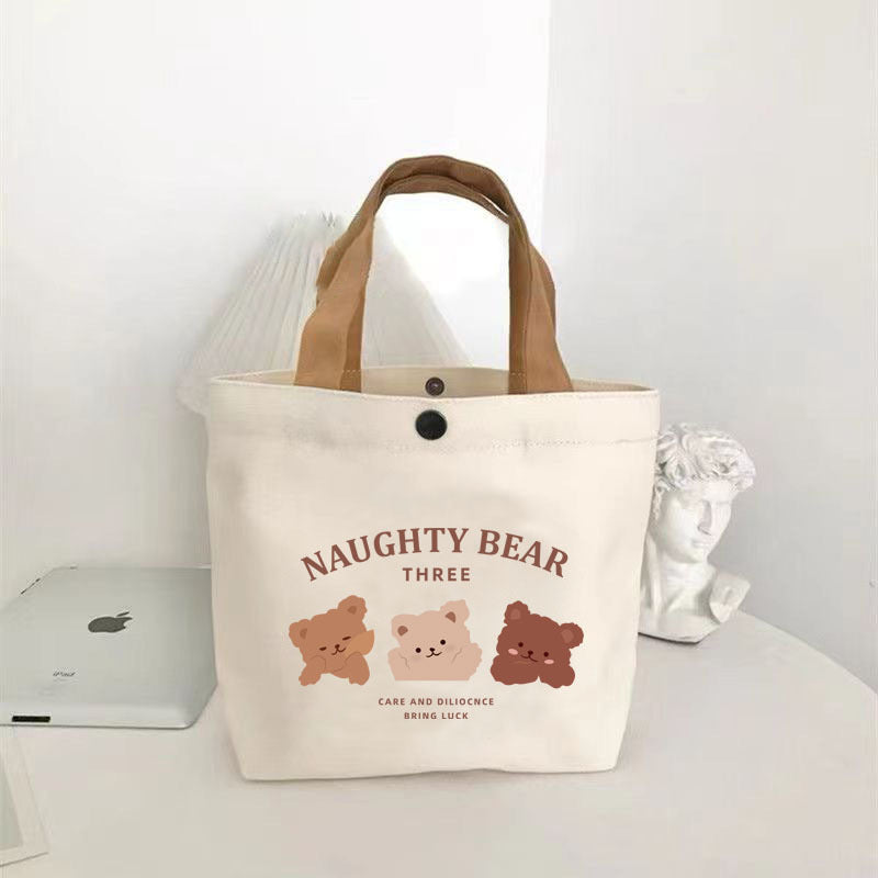 New Cute Bear Printed Canvas Tote Bag for Women Girls Lightweight Durable Lunch Bag Stylish Handbag for Students Office Workers School College Daily Use Minimalist Design Multi Purpose Carry All