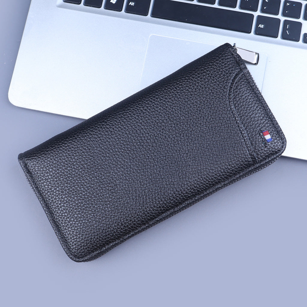 Men's Premium Leather Long Wallet with Zipper for Cash Cards Coins and Smartphone Portable Business Handbag Large Capacity RFID Blocking Slim Design Modern Stylish Minimalist Gentleman Accessory