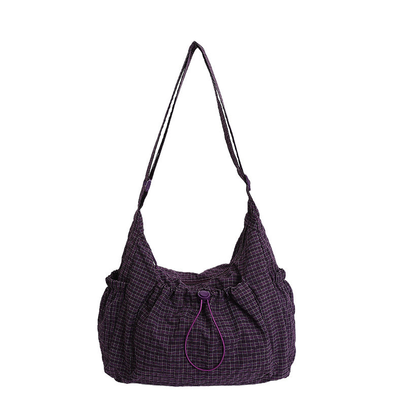2025 New Korean Style Plaid Cloud Shaped Drawstring Pleated Backpack for Women Large Capacity Lightweight Casual Daypack Crossbody Shoulder Bag Fashionable Trendy Everyday Purse