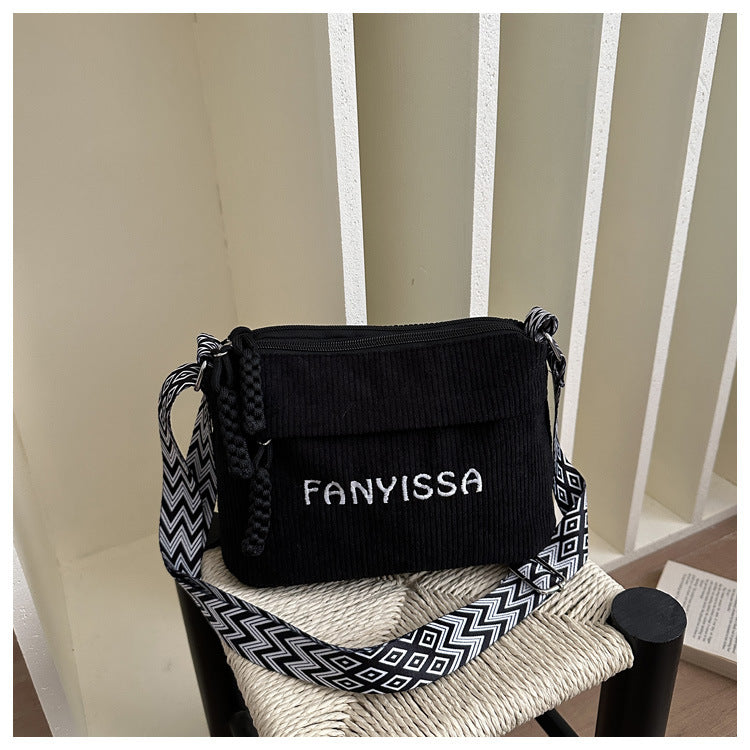 Women Casual Crossbody Bag 2026 New Letter Print Single Shoulder Bag for Daily Commuting Lightweight Wide Adjustable Strap Corduroy Material Stylish Minimalist Design Trendy Fashion Accessory