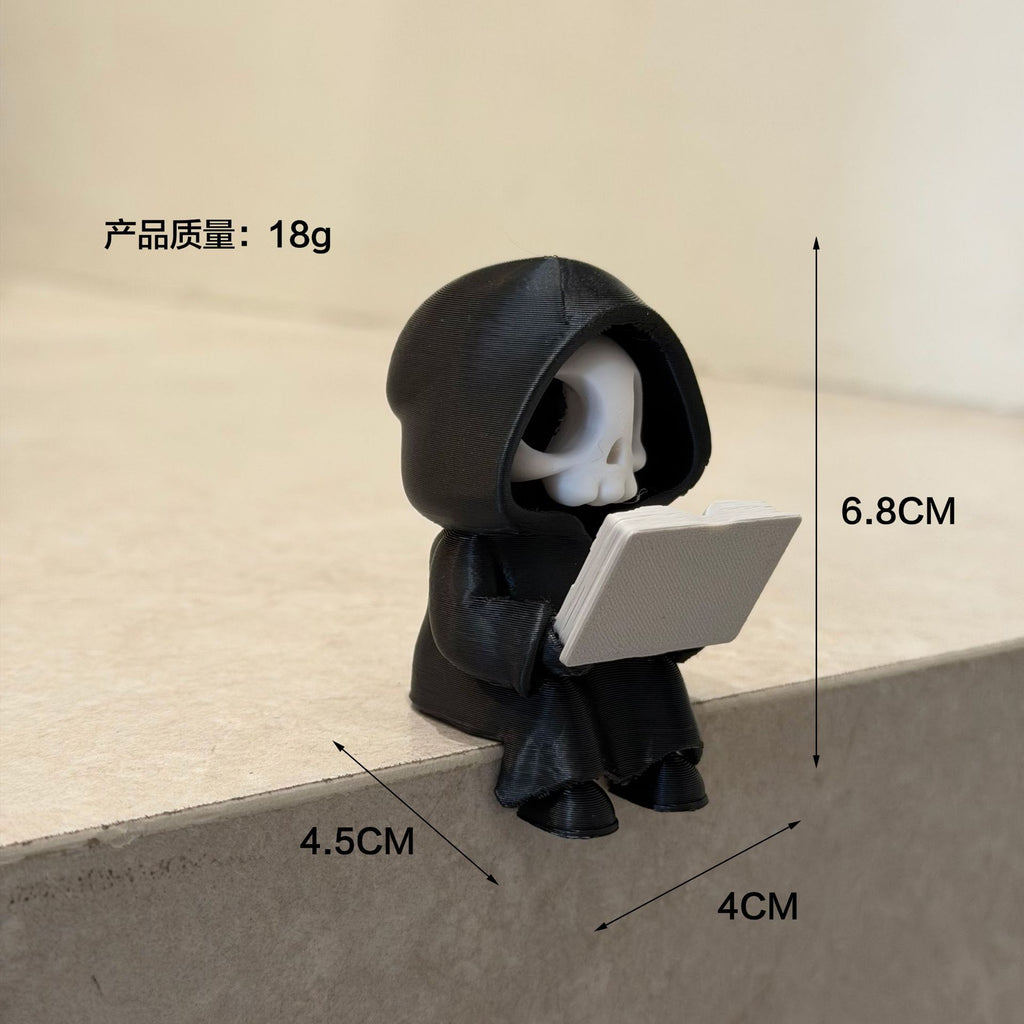 3D Printed Skull Desktop Decor with Book and Scythe Design for Halloween Horror Theme Home Office Desk Decoration Gift for Men Women Fans of Death Themed Collectibles and Gothic Art