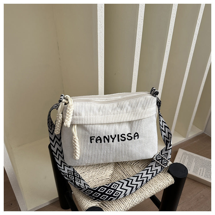 Women Casual Crossbody Bag 2026 New Letter Print Single Shoulder Bag for Daily Commuting Lightweight Wide Adjustable Strap Corduroy Material Stylish Minimalist Design Trendy Fashion Accessory