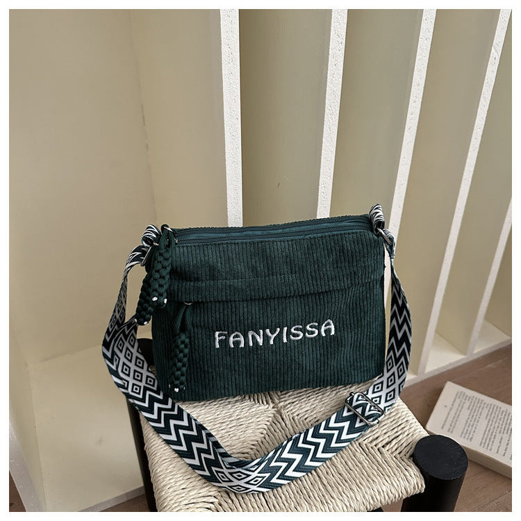 Women Casual Crossbody Bag 2026 New Letter Print Single Shoulder Bag for Daily Commuting Lightweight Wide Adjustable Strap Corduroy Material Stylish Minimalist Design Trendy Fashion Accessory