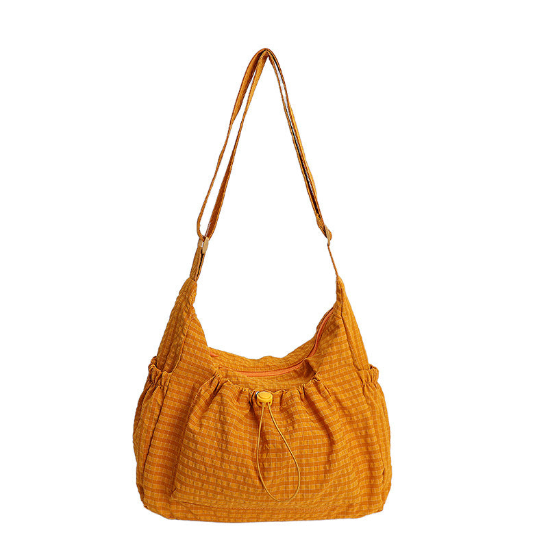 2025 New Korean Style Plaid Cloud Shaped Drawstring Pleated Backpack for Women Large Capacity Lightweight Casual Daypack Crossbody Shoulder Bag Fashionable Trendy Everyday Purse