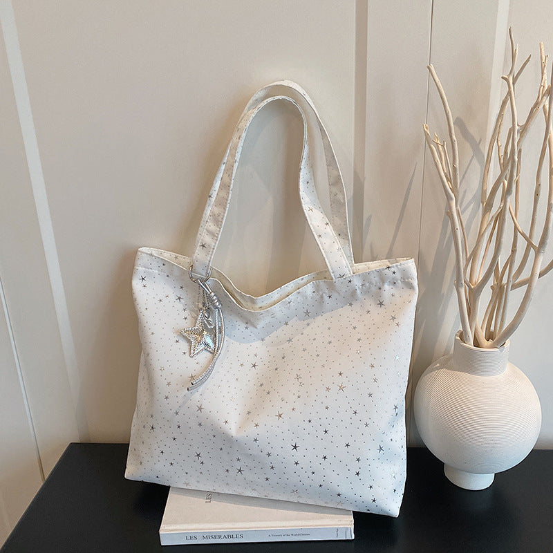 Stylish Korean Inspired Star Printed Canvas Tote Bag for Women Large Capacity Everyday Commuter Bag Casual Lazy Chic Shoulder Handbag Versatile Work School Shopping Bag