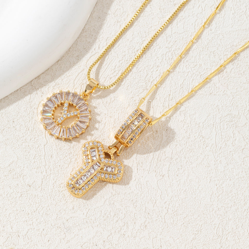Trendy Cross Border 26 Letter Alphabet Pendant Necklace for Women Gold Plated Copper with Cubic Zirconia Ice Sugar Crystal Design Round Flower Charm Jewelry Set