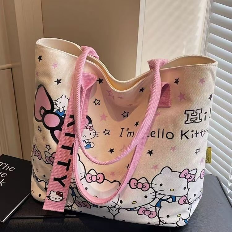Korean Style Cute Hello Kitty Canvas Tote Bag for Women Fashionable Cartoon Printed Shoulder Bag Casual Office Commuting Crossbody Bag Lightweight Durable Everyday Use