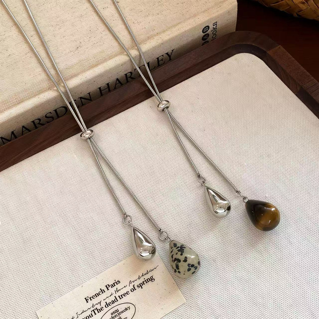 Tiger Eye Drop Pendant Necklace for Women 2025 New Luxury Minimalist Long Layering Necklace Trendy Sweater Chain Boho Chic Jewelry Accessory